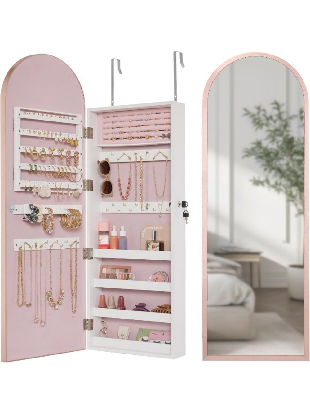 Stylish Full-Length Arch Mirror Jewelry Cabinet - Lockable Storage Organizer